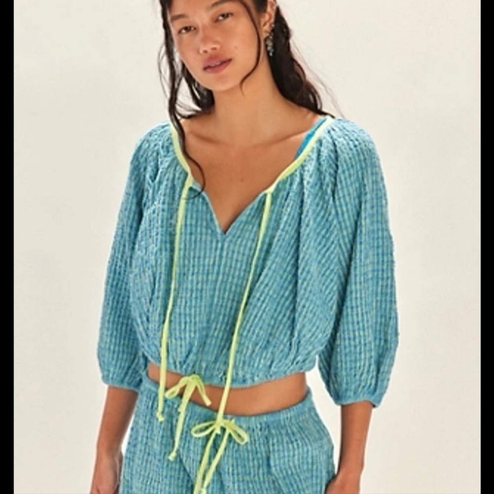 Free People Free Est Clara Blue Green Plaid Pouf Sleeve Top XS